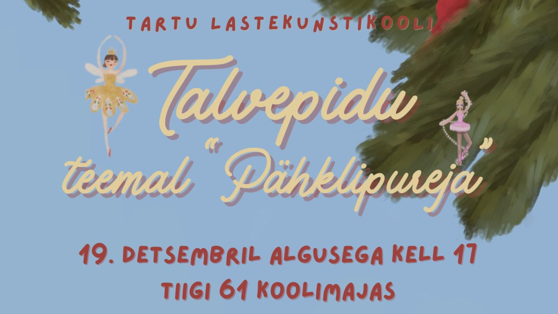 Armas Tartu Lastekunstikooli pere – õpilased, õpetajad ja lapsevanemad! 🎄 Ootame teid 19. detsembril meie kooli traditsioonilisele talvepeole, mis on sel aastal